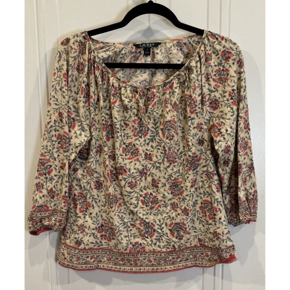 Lauren Ralph Lauren M Peasant Top Cream w/ Red & Navy Floral Print EUC Boho